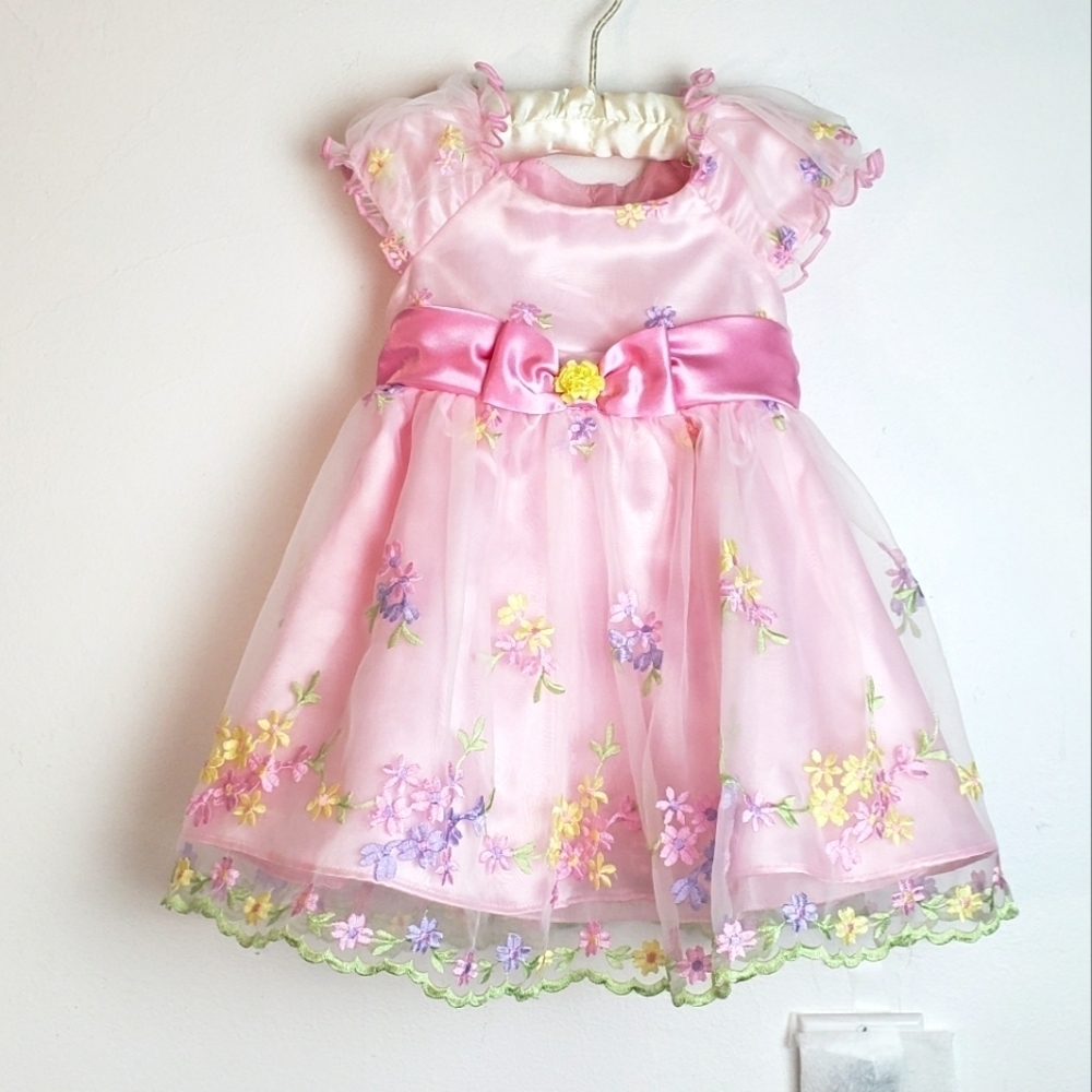 Jona Michelle Pink Floral Embroidered Short Sleeve Party Girls Dress Size 18 Mo.